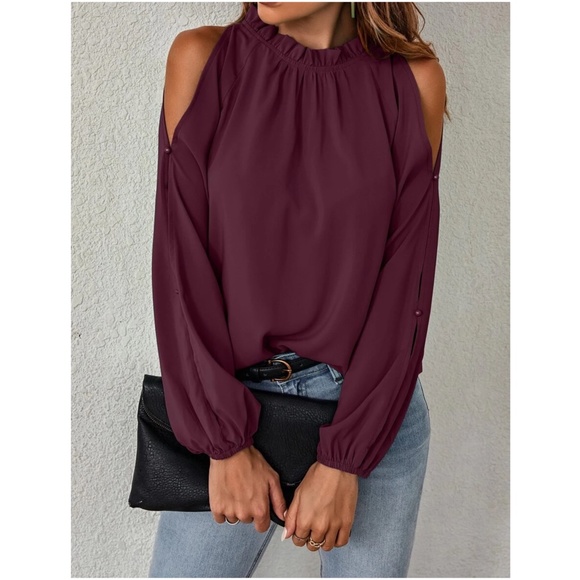Boho Mock Neck Cold Shoulder Blouse - Picture 10 of 12
